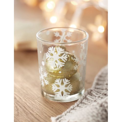 Lumanare cu suport inclus, design de Craciun, Everestus, SGS09, sticla, auriu