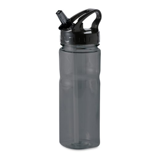 Sticla sport cu pai 600 ml, fara BPA, Everestus, NA03, plastic, transparent, gri, saculet de calatorie inclus