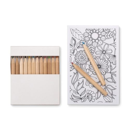 Set de colorat adulti cu 10 planse si 12 creioane colorate, 140x100 mm,  Everestus, 20APR015, carton, alb, saculet inclus
