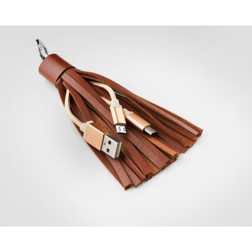 Breloc cablu de date cu micro usb, Everestus, KR0103, piele ecologica, metal, maro