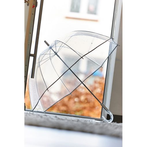 Umbrela transparenta 101 cm, maner curbat, transparent si argintiu, Everestus, UC01BE, metal, poe, saculet de calatorie inclus