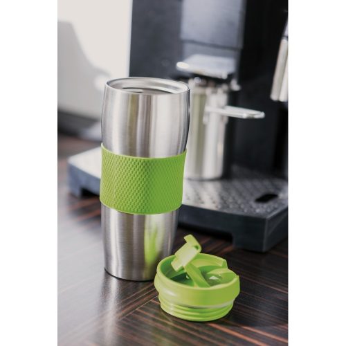 Cana de voiaj cu perete dublu, 380 ml, Everestus, ALT05, otel inoxidabil, silicon, plastic, verde, argintiu