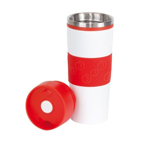 Cana de voiaj 400 ml, perete dublu, Everestus, AA03, otel inoxidabil, plastic, silicon, alb, rosu