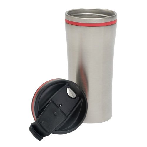 Cana de voiaj 400 ml, insertii colorate, perete dublu, Everestus, LA03, otel inoxidabil, argintiu, rosu