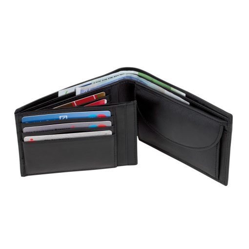 Portofel negru pentru bancnote si monede, buzunare carduri, Everestus, PO02DX, piele, 125x95x20 mm, lupa de citit inclusa