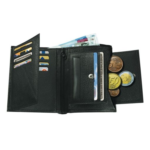 Portofel negru cu multiple buzunare pentru carduri, bancnote si monede, Everestus, PO10TI, piele, 118x92x15 mm