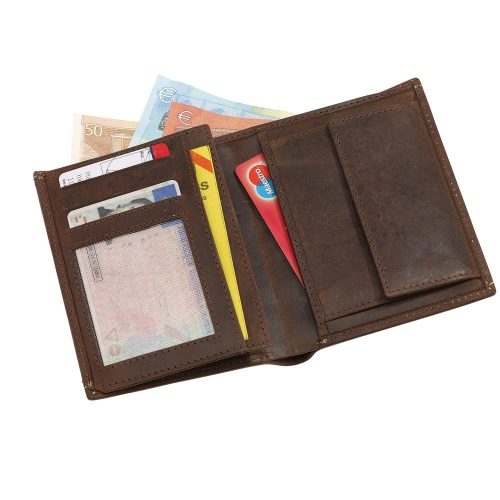 Portofel maro cu 6 buzunare carduri si 2 buzunare bancnote, Everestus, PO14WE, piele, 120x100x22 mm