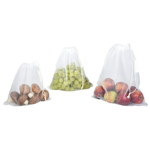 Set 3 saculeti pentru legume si fructe, Everestus, 21OCT0246, 25 x 25 / 27.5 x 31 / 30 x 35 cm, Poliester, Alb, eticheta de bagaj inclusa