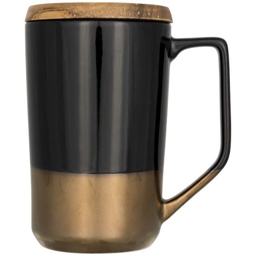 Cana de cafea/ceai, 470 ml, cu capac din lemn, Everestus, TE, ceramica si lemn, negru