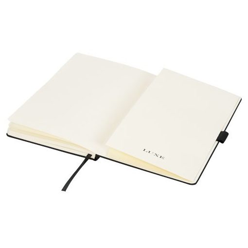 Agenda A5 cu pagini dictando, coperta cu elastic, Luxe by AleXer, AG08, tesatura, negru, breloc inclus din piele ecologica