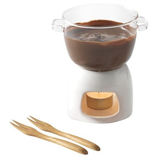 Set fondue ciocolata, Everestus, GS01, sticla, portelan si bambus, alb
