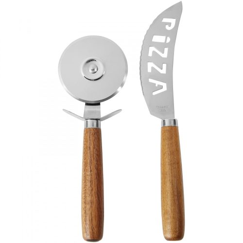 Set cutite pizza, 2 piese, 2,7x25,5x17 cm, Everestus, 20SEP0884, Carton, Otel, Lemn, Natur