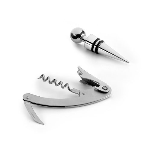 Set accesorii vin, tirbuson si dop, Everestus, AWE07, aliaj de zinc, argintiu satinat