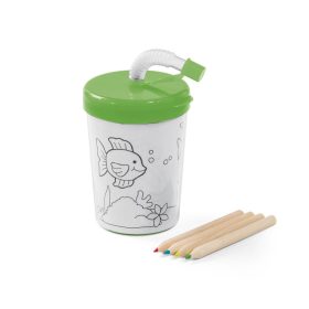   Set de colorat, cana 200 ml cu pai flexibil si 4 creioane, Everestus, 20APR002, polipropilena, verde