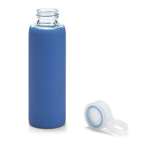 Sticla de apa sport 380 ml cu protectie din silicon, Everestus, 20FEB1082, Sticla, Albastru, saculet inclus