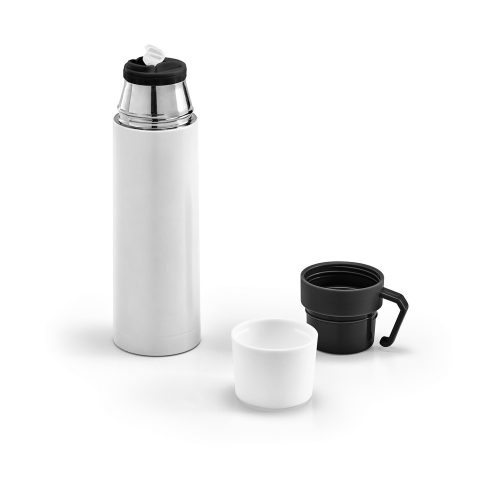 Termos 490 ml, perete dublu, cana capac, Everestus, TL, otel inoxidabil si pp, alb