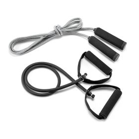   Set fitness cu elastic si coarda de sarit, in husa din poliester, Everestus, SFT01, negru