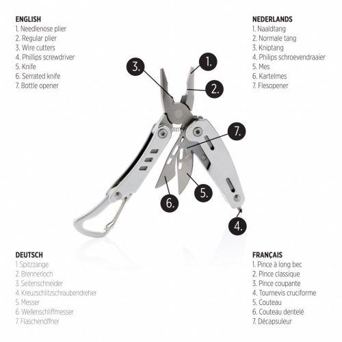 Unealta multifunctionala 7 functii, solida, cu carabina, Everestus, SD, aluminiu, otel inoxidabil, argintiu