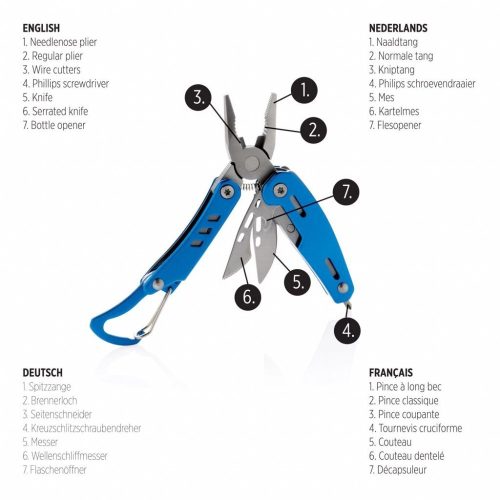 Unealta multifunctionala 7 functii, solida, cu carabina, Everestus, SD, aluminiu, otel inoxidabil, albastru