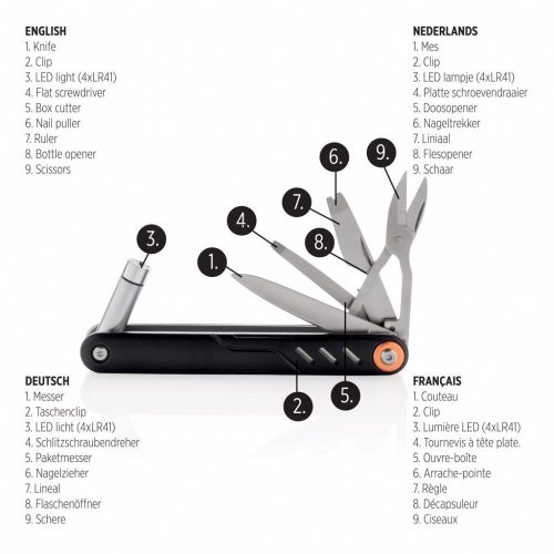 Unealta multifunctionala cu 9 functii si lumina led, Everestus, ER, aluminiu, otel inoxidabil, negru