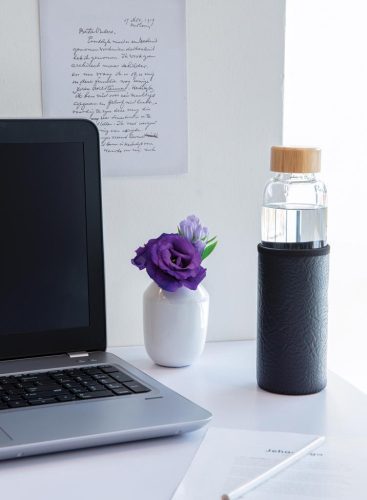 Bidon sport de apa 550 ml, cu manson, Everestus, 20IAN238, Sticla, Bambus, Poliuretan, Negru