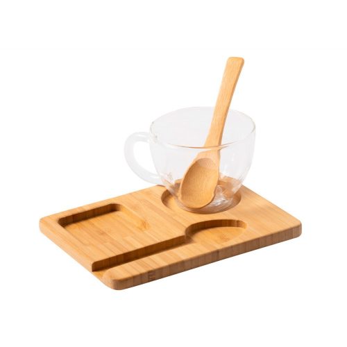 Set cana cu tava si lingura, 180 ml, 164x80x123 mm, Everestus, 20IUN0011, Natur, Sticla, Bambus