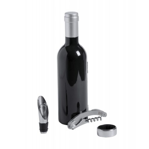 Set 3 accesorii vin in cutie cu forma de sticla, ø64×240 mm, Everestus, 20FEB17238, Otel inoxidabil, Negru, Rosu, saculet inclus