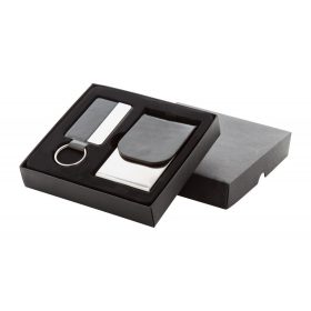   Set cadou cu breloc si suport de carti de vizita, 140×150×29 mm, Everestus, 20FEB9611, Piele ecologica, Metal, Negru
