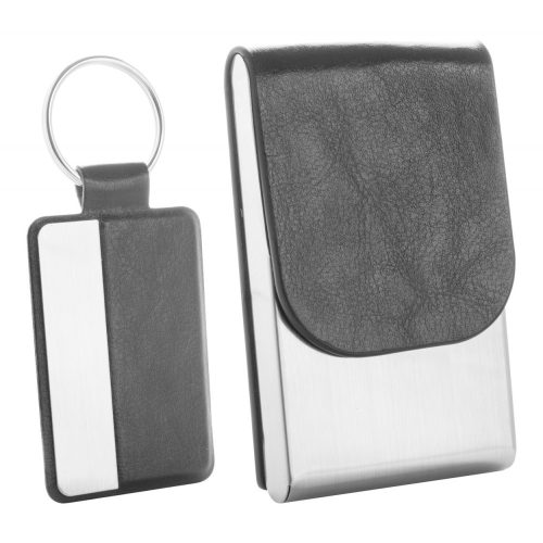 Set cadou cu breloc si suport de carti de vizita, 140×150×29 mm, Everestus, 20FEB9611, Piele ecologica, Metal, Negru