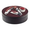 Set 4 accesorii vin in cutie rotunda, ø160×40 mm, Everestus, 20FEB17232, Lemn, Otel inoxidabil, Maro