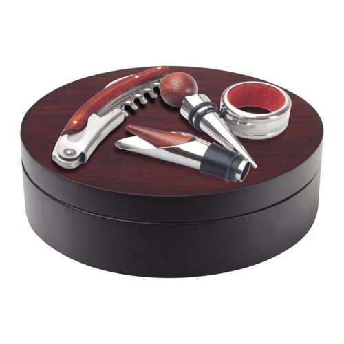 Set 4 accesorii vin in cutie rotunda, ø160×40 mm, Everestus, 20FEB17232, Lemn, Otel inoxidabil, Maro