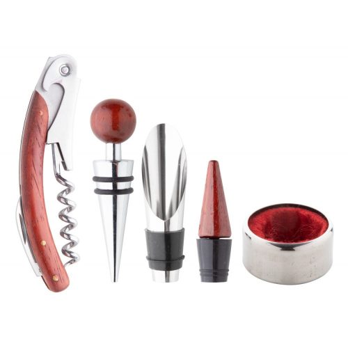 Set 4 accesorii vin in cutie rotunda, ø160×40 mm, Everestus, 20FEB17232, Lemn, Otel inoxidabil, Maro